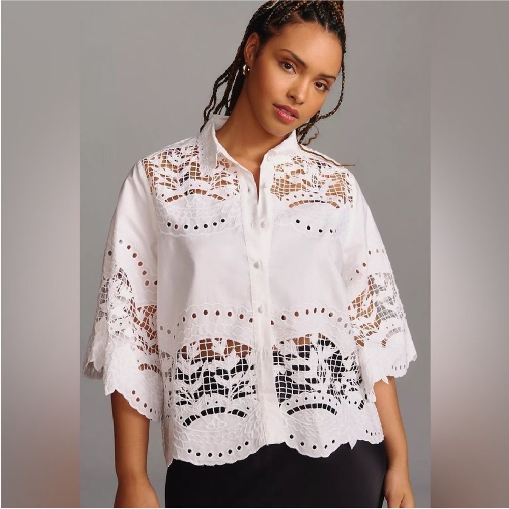 RANNA GILL Selena Blouse Eyelet Lace Cutwork Top Anthropologie White NEW NWT